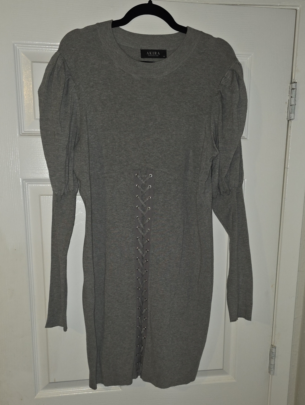 AKIRA Gray Long-Sleeve Lace-Up Sweater Dress